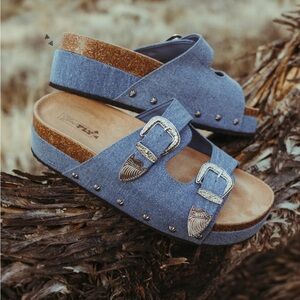 New 2fly Denim Platinum Buckle Sandals